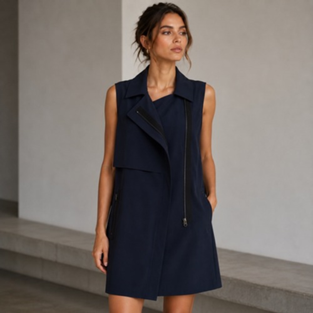 Vince Laser Cut Trench Vest Womens M Navy Utility Longline Zip Tunic Dress Gorp